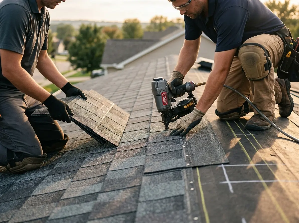 Professional roofer working on a residential roof in Wadsworth